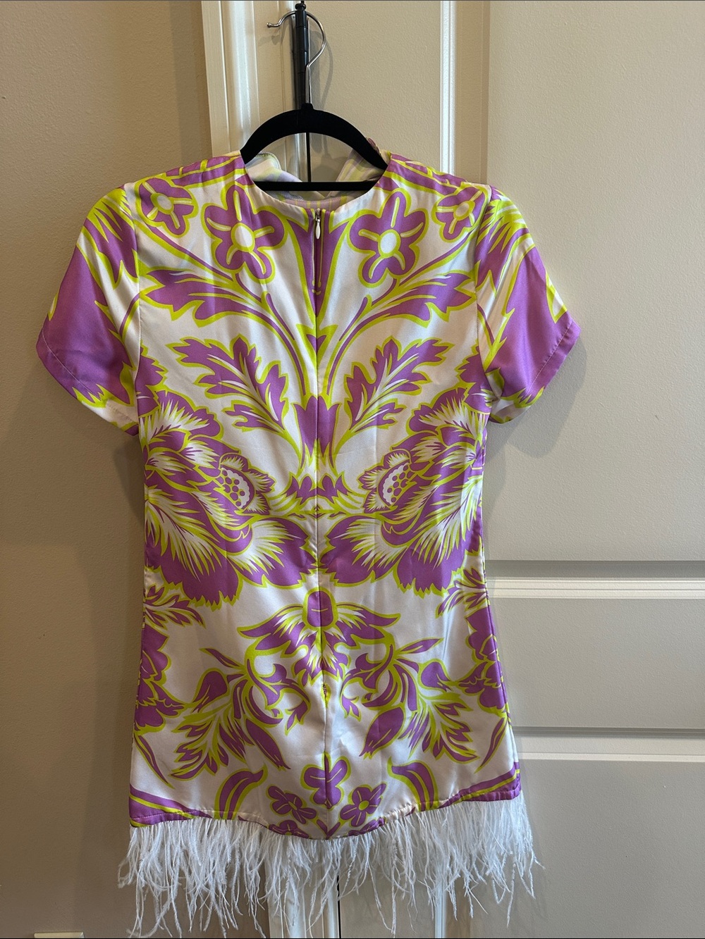 PATTY KIM White Dress with Purple and Yellow Floral Print and Feather Hem - Picture 2 of 2